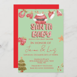 Santa Girl Boy Holiday Green Baby Shower   Invitation