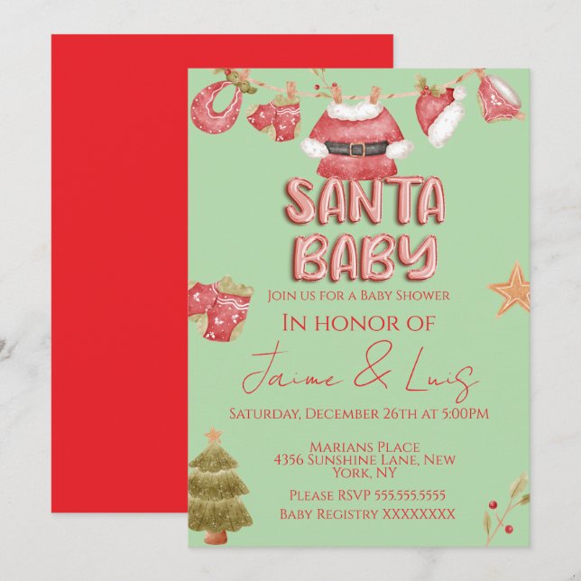 Santa Girl Boy Holiday Green Baby Shower   Invitation (Front/Back)