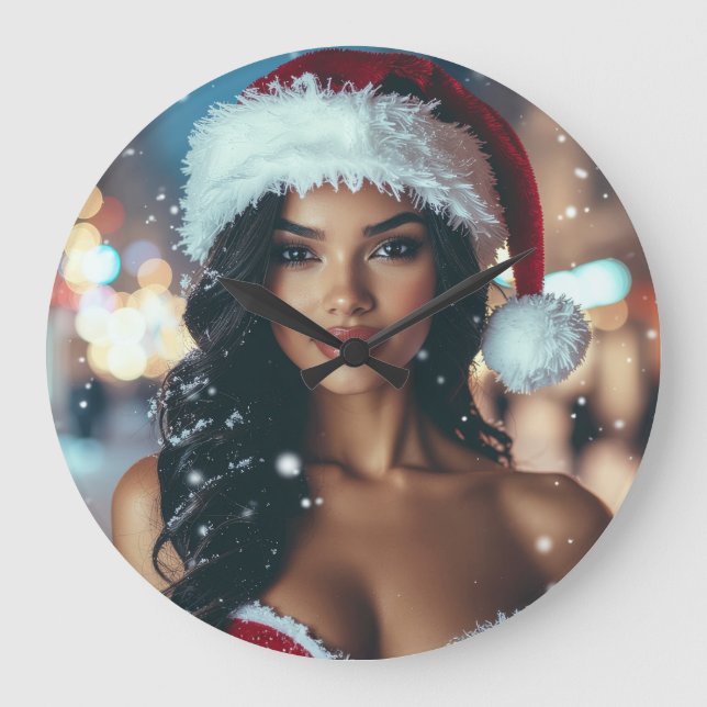 Santa Girl - Ho Ho Ho - Christmas Large Clock (Front)