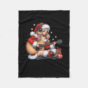 Santa Girl Playing Guitar Fun Christmas Music Love Fleece Blanket