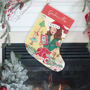 Santa Girl Vintage Kitchen   Cristmas Stocking