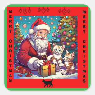 Santa Giving Presents To Two Young Kittens Square Sticker