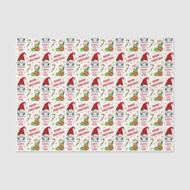 Santa Gnome and Stocking Christmas Pattern Tissue Paper (Front)