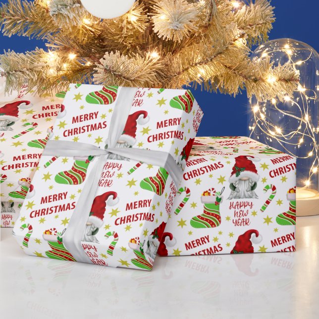 Santa Gnome and Stocking Merry Christmas Wrapping Paper (Holidays)