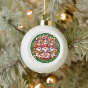 Santa & Gnome Cheer" - Festive Christmas  Ceramic Ball Christmas Ornament