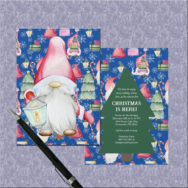 Santa Gnome for Holidays Christmas Pattern Blue Invitation (Santa Gnome for Holidays Christmas Pattern Blue Invitation)