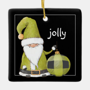Santa Gnome Green JOLLY Editable Christmas Ceramic Ornament