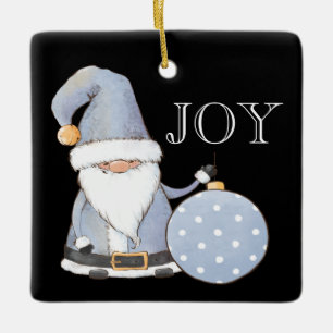 Santa Gnome JOY, Name & Date Square Christmas Ceramic Ornament