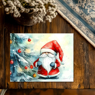 Santa Gnome Trimming the Christmas Tree Holiday Postcard