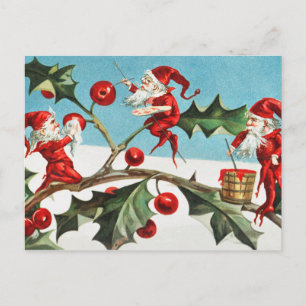 Santa gnomes painting holly berries postcard