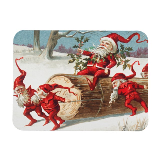 Santa gnomes sliding on a log magnet (Horizontal)