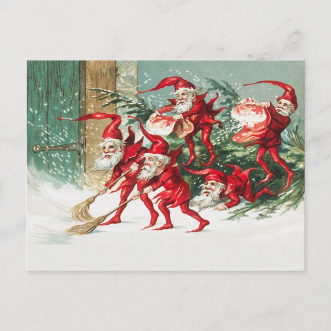Santa gnomes sweeping snow postcard (Front)