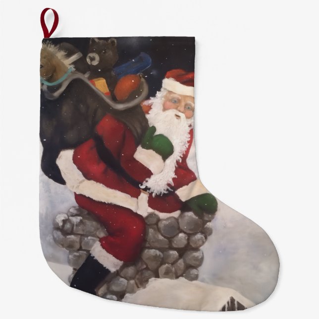 Santa Going Down Chimney Large Christmas Stocking (Front)