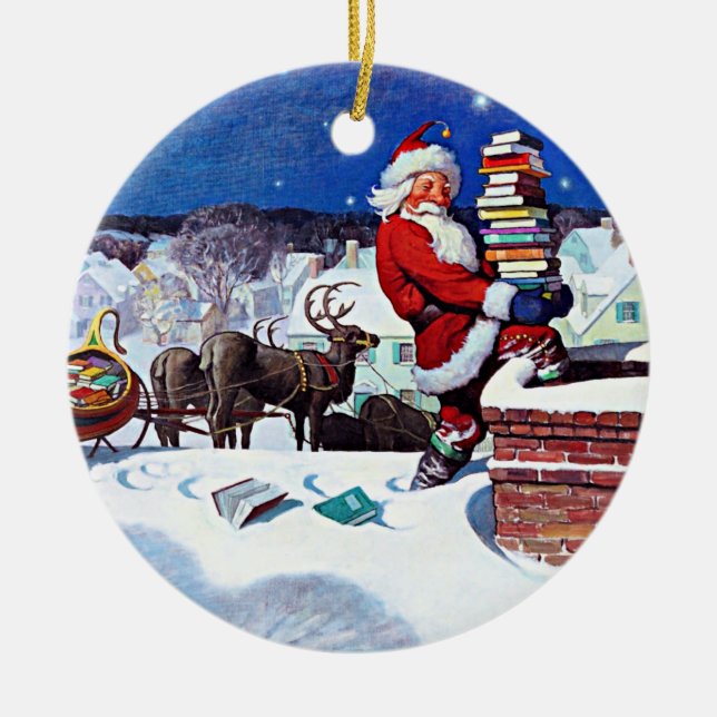 Santa going down the chimney with books ceramic ornament (Front)