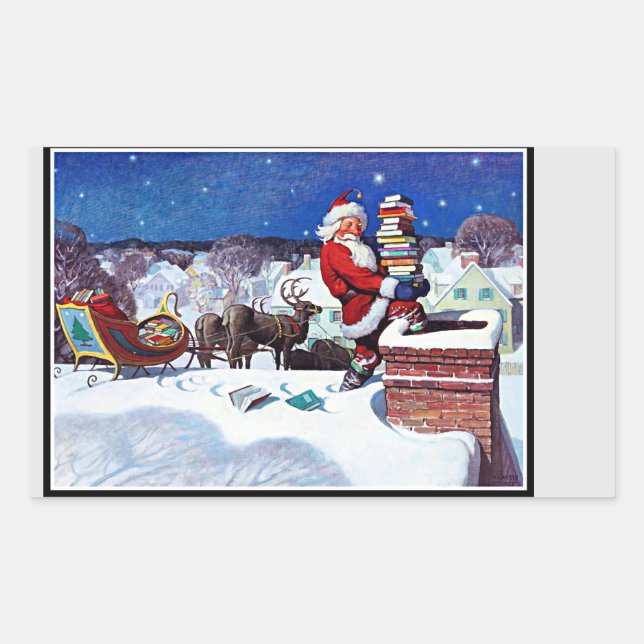 Santa going down the chimney with books rectangular sticker (Front)