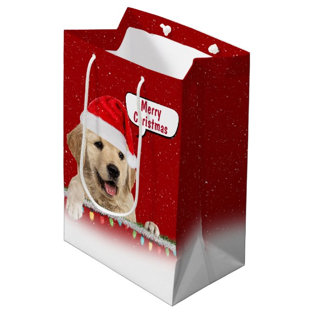 Santa Golden Retriever in Snowflakes Medium Gift Bag (Front Angled)