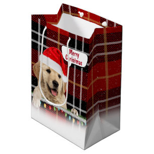 Santa Golden Retriever On Plaid Medium Gift Bag