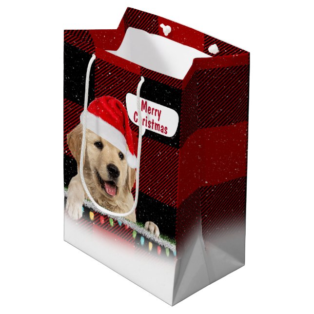 Santa Golden Retriever On Plaid Medium Gift Bag (Front Angled)