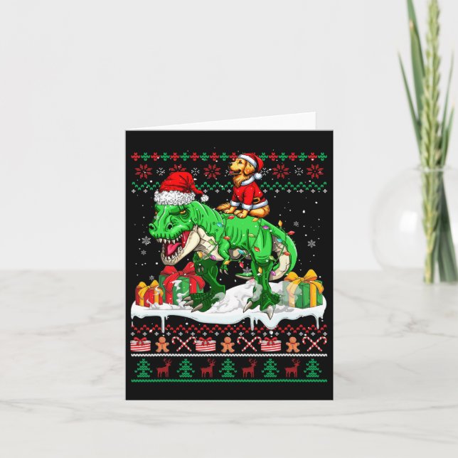 Santa Golden Retriever Riding T-rex Christmas Swea Card (Front)