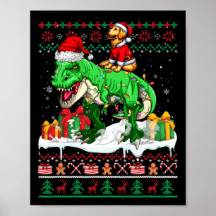 Santa Golden Retriever Riding T-rex Christmas Swea Poster