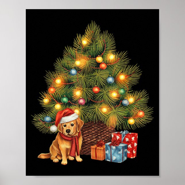 Santa Golden Retriever Tree Christmas Lights Dog X Poster (Front)