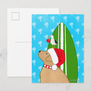Santa Golden Surfboard Dog Seagull Christmas Card