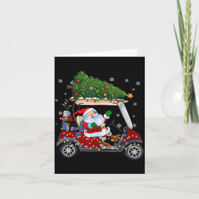 Santa Golf Cart Christmas Tree Lights Xmas Golfer  Card (Front)