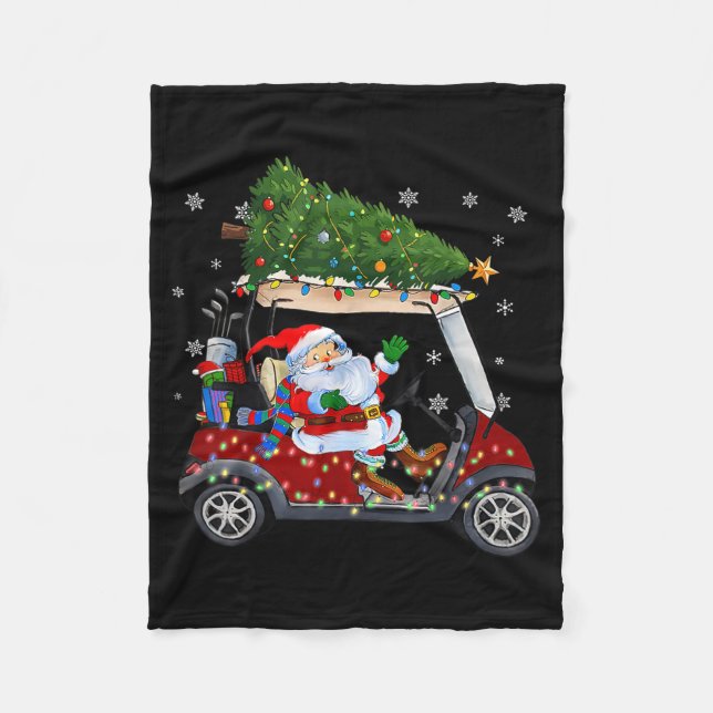 Santa Golf Cart Christmas Tree Lights Xmas Golfer  Fleece Blanket (Front)