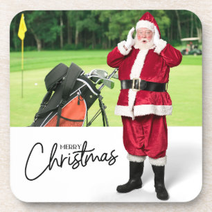 Santa golfer on green Christmas Party Coaster