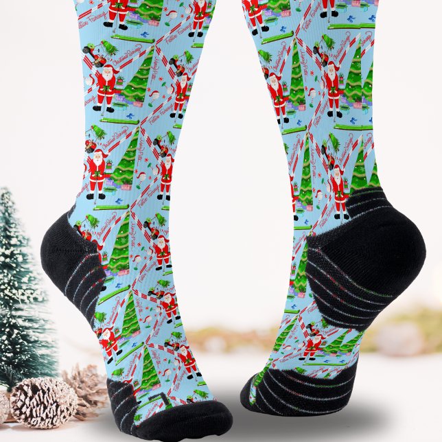 Santa Golfing by Christmas Tree Socks (Unwrap golf magic: Santa's tree-side socks for a hole-in-one holiday delight!)