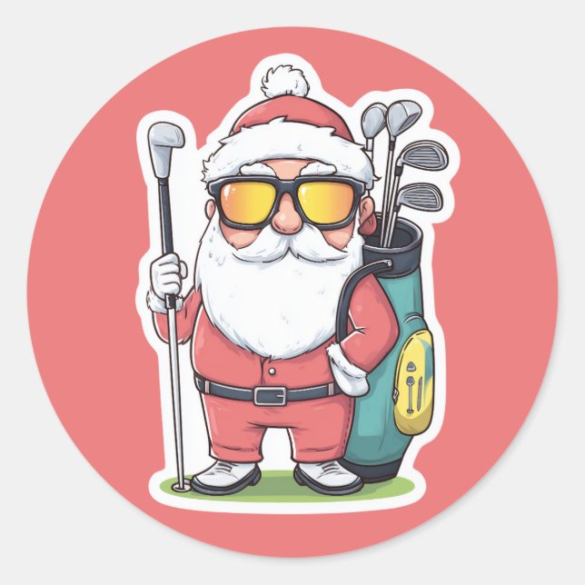 Santa Golfing Christmas Fun Classic Round Sticker (Front)