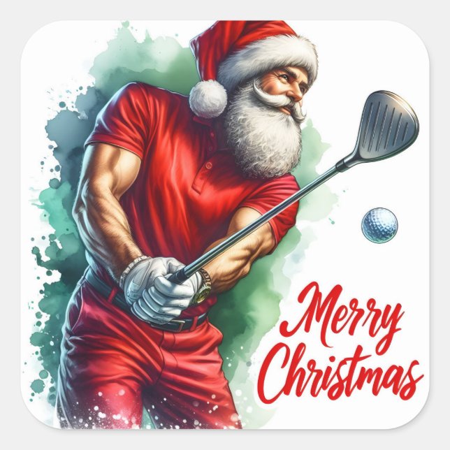 Santa Golfing in Festive Gear Square Sticker (Front)