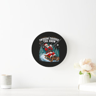 Santa Golfing Merry Christmas Golfer Round Clock
