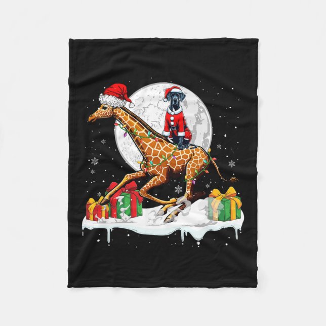 Santa Great Dane Riding Giraffe Christmas Owner Ki Fleece Blanket (Front)