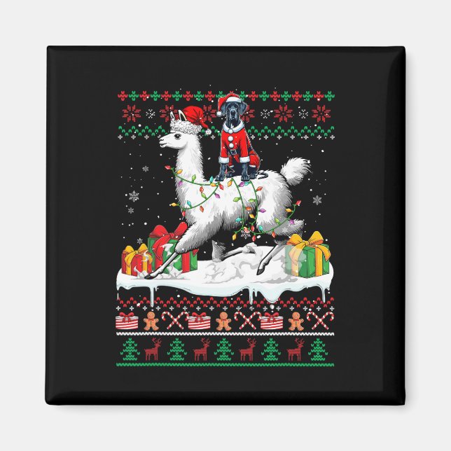 Santa Great Dane Riding Llama Christmas Sweater Lo Magnet (Front)