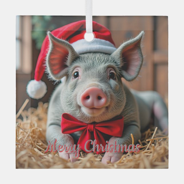 Santa Grey Pig Glass Ornament (Front)