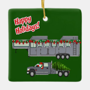 Santa Grey Truck and Horse Trailer Christmas  Ceramic Ornament