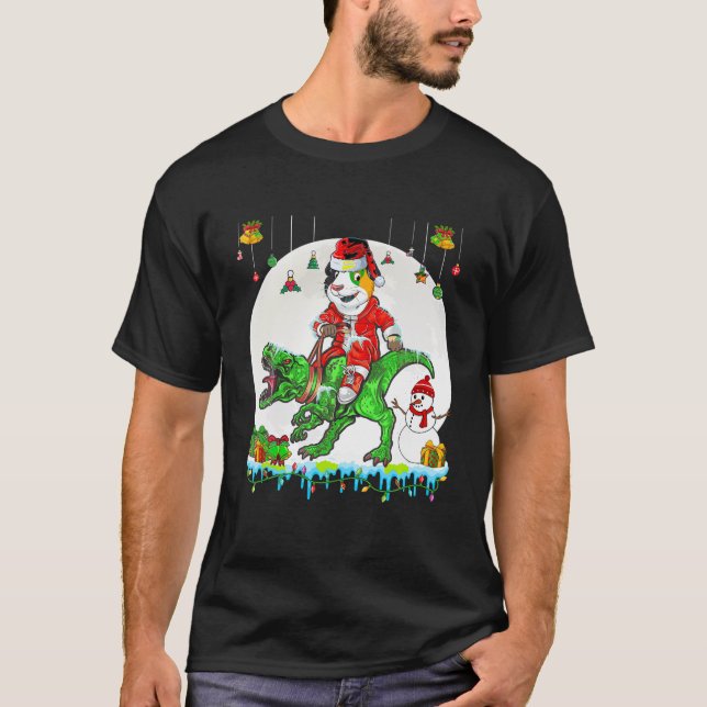 Santa Guinea Pig Riding T Rex Christmas Lights Sno T-Shirt (Front)