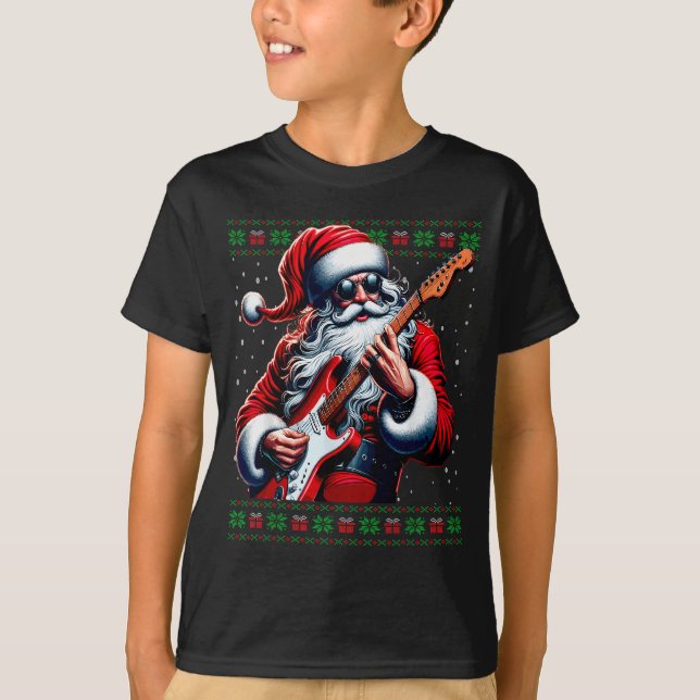 Santa Guitar Musician Guitarist Ugly Christmas Swe T-Shirt (Front)