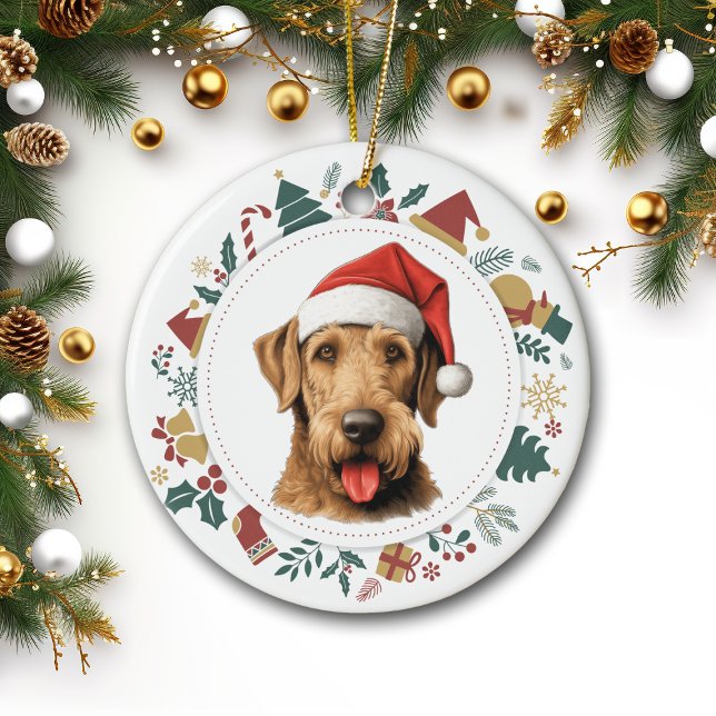 Santa Hat Airedale Terrier Christmas Images Wreath Ceramic Ornament (Creator Uploaded)