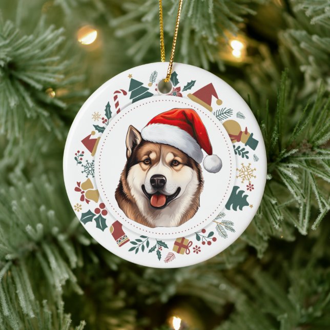 Santa Hat Akita Dog Christmas Images Wreath Ceramic Ornament (Tree)
