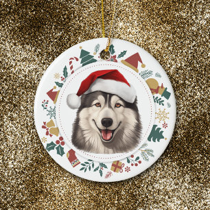 Santa Hat Alaskan Malamute Christmas Images Wreath Ceramic Ornament