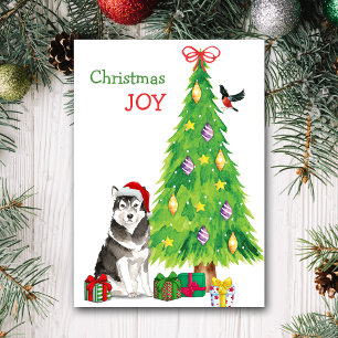 Santa Hat Alaskan Malamute Dog and Holiday Tree