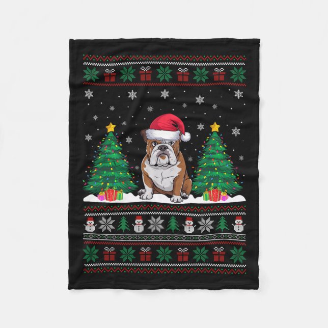 Santa Hat American Bulldog Xmas Tree Lights Ugly S Fleece Blanket (Front)