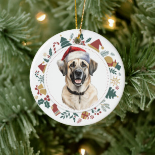 Santa Hat Anatolian Shepherd Dog Christmas Wreath Ceramic Ornament