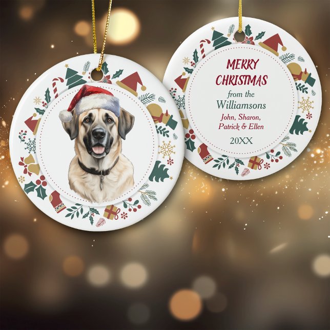 Santa Hat Anatolian Shepherd Dog Christmas Wreath Ceramic Ornament (Creator Uploaded)