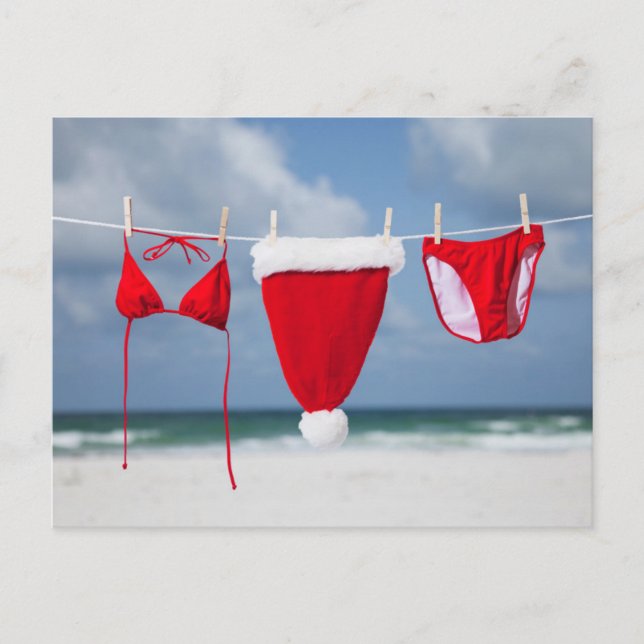 Santa hat and bikini on a clothesline holiday postcard (Front)