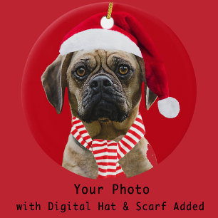 Santa Hat and Scarf with Photo Christmas Dog Ceramic Ornament