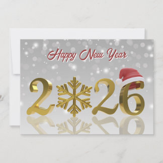 Santa Hat and Snowflake | Gold Happy New Year 2026 Holiday Card