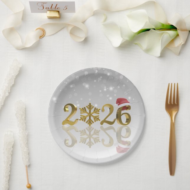 Santa Hat and Snowflake | Happy New Year 2026 Gold Paper Plate (Wedding)
